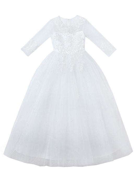 Pink Flower Girl Dresses Jewel Neck Half Sleeves Ankle-Length Lace Princess Silhouette Bows Formal Kids Pageant Dresses
