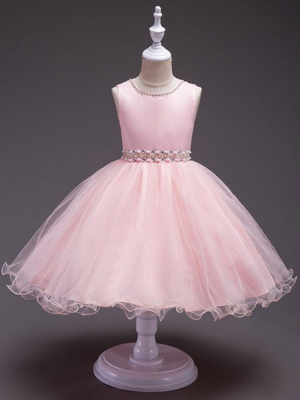 Pink Flower Girl Dresses Round Neck Sleeveless Tutu Dress Tulle Rhinestones Studded Girls Dinner Party Dresses