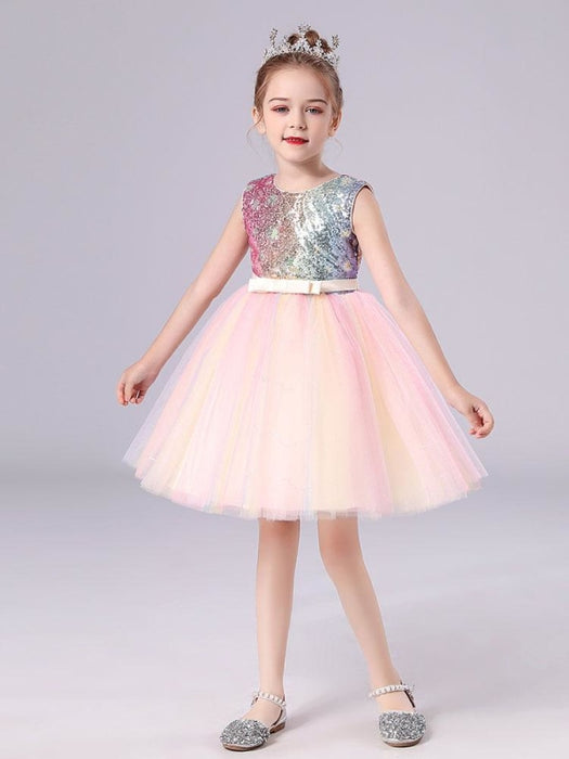 Pink Flower Girl Dresses Jewel Neck Polyester Sleeveless Knee-Length A-Line Tulle Sequins Kids Party Dresses