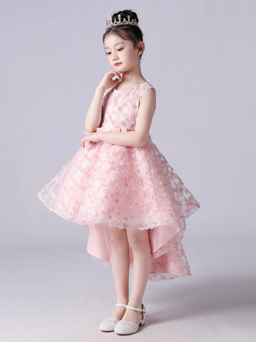 Pink Flower Girl Dresses Jewel Neck Sleeveless Bows Formal Kids Pageant Dresses Lace Princess Dress