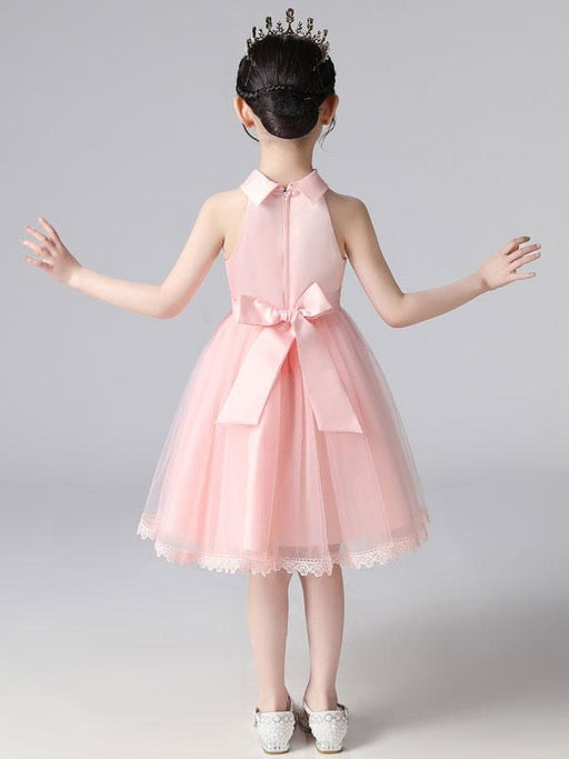 Pink Flower Girl Dresses Halter Neck Lace Sleeveless Short Princess Dress Bows Formal Kids Pageant Dresses
