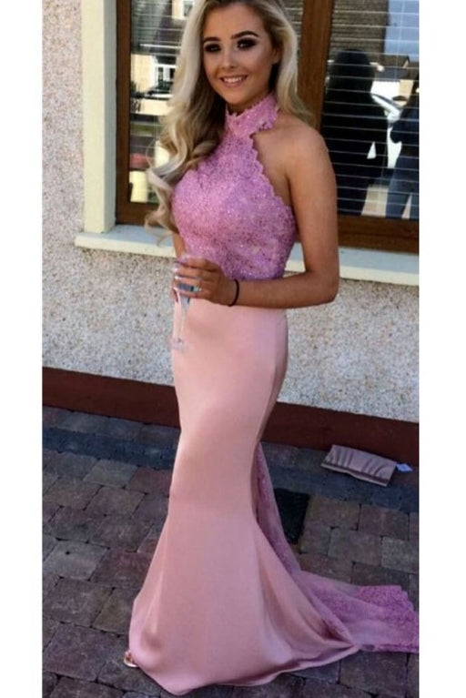 Pink High Neck Mermaid Sleeveless Prom with Lilac Lace Applique Bridesmaid Dress - Prom Dresses