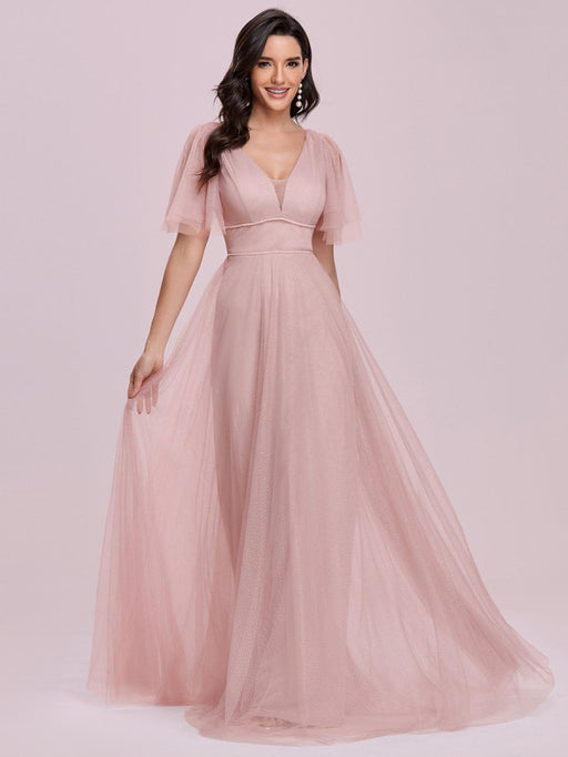 Pink Homecoming Dress A-Line V-Neck Short Sleeves Backless Tulle Floor-Length Evening Dress