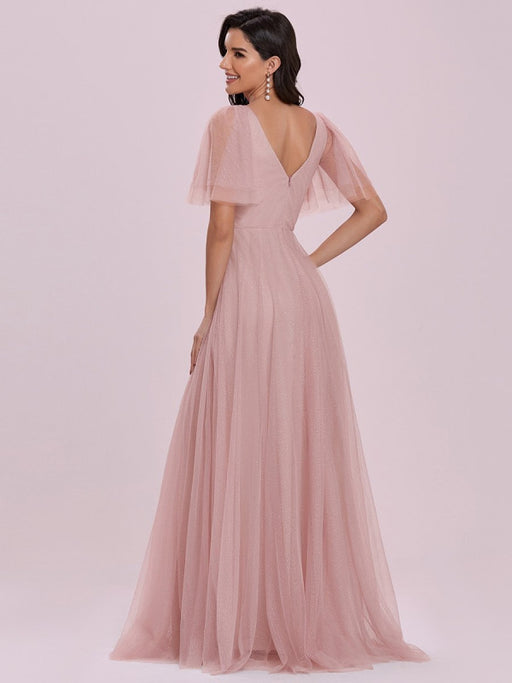 Pink Homecoming Dress A-Line V-Neck Short Sleeves Backless Tulle Floor-Length Evening Dress