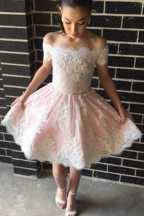 Pink Homecoming Dress Off-the-shoulder Prom Lace Tulle Short Graduation Dresses - Prom Dresses