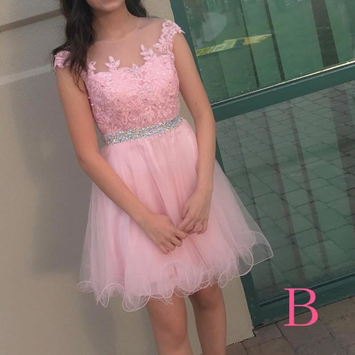Pink Homecoming Short Tulle Prom Dresses With Bead Waist Lace Appliques Graduation Dress - Prom Dresses