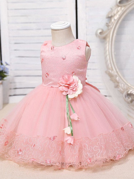 Flower Girl Dresses Pink Jewel Neck Sleeveless Polyester Cotton Tulle Flowers Kids Party Dresses