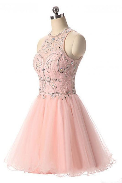 Pink Jewel Tulle Homecoming Dresses with Open Back Beading Sleeveless Short Prom Dress - Prom Dresses