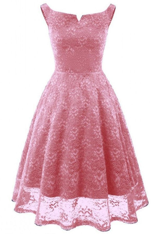 Pink Lace Dress Slash Neck Street Dresses - lace dresses