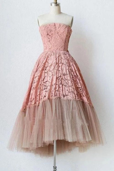Pink Lace Strapless Short Prom Unique Tulle Homecoming Dresses - Prom Dresses