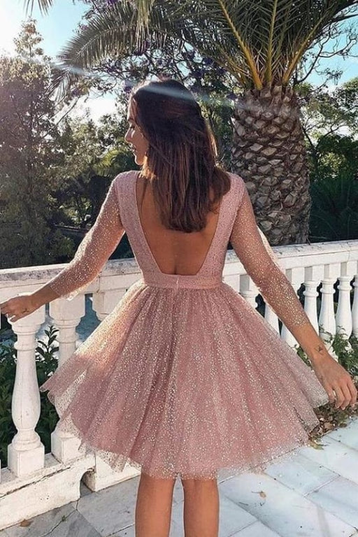 Pink Long Sleeve Sequin Short Homecoming Dresses Backless Prom Formal Dress - Prom Dresses
