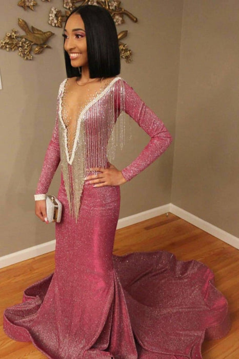 Pink Long SLeeves Deep V-Neck Mermaid Prom Dresses - Prom Dresses