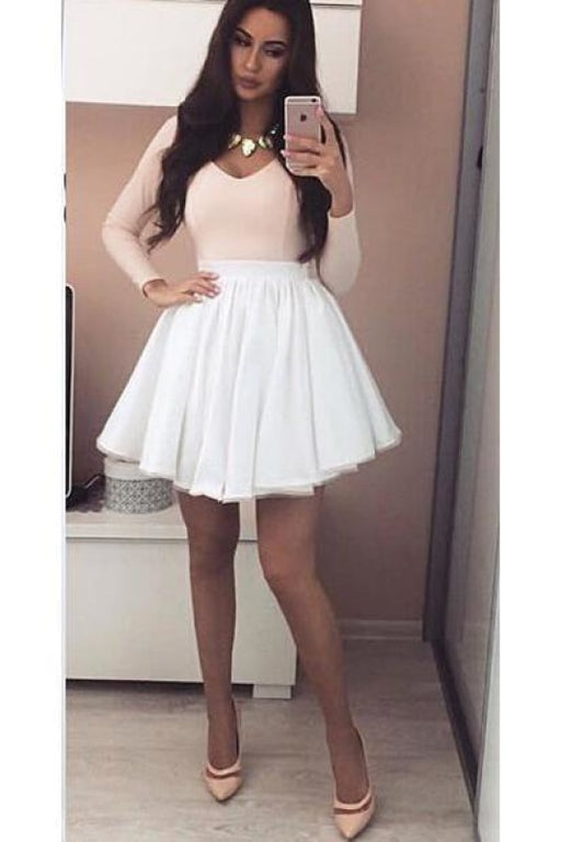Pink Long Sleeves V-neck Homecoming Dress with White Skirt Mini Grad Dresses - Prom Dresses
