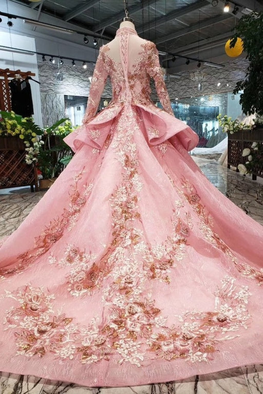 Pink New Prom Dresses Long Sleeves Ball Gown With Applique&Beads Quinceanera Dress - Prom Dresses