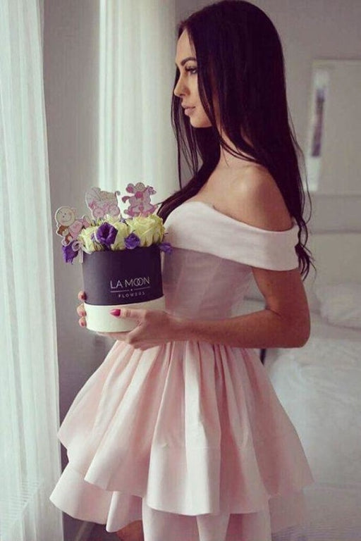 Pink Off-the-Shoulder Ruffles Satin Homecoming Dress Party Chic Fashion Dresses - Prom Dresses