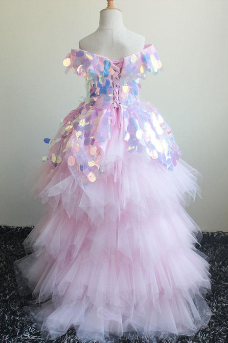Pink Off-the-shoulder Sequined Asymmetrical Dress - Flower Girl Dresses