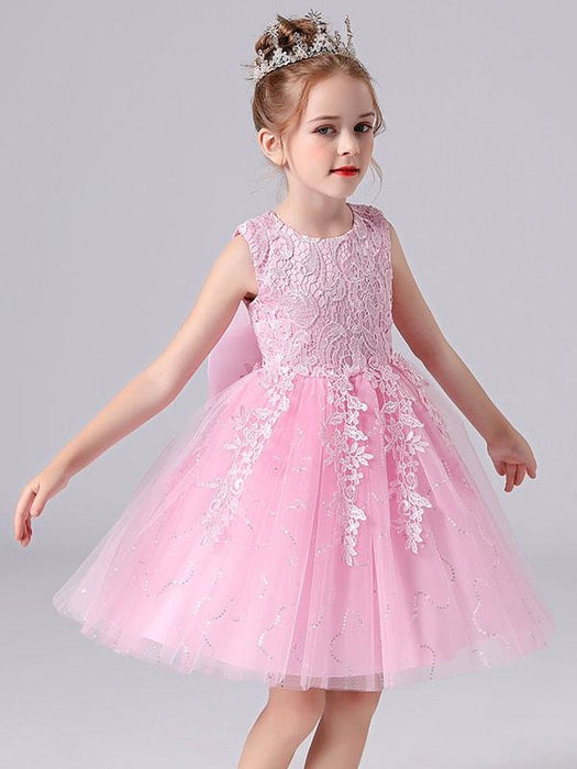 Pink Flower Girl Dresses Jewel Neck Lace Sleeveless Short Princess Dress Bows Formal Kids Pageant Dresses