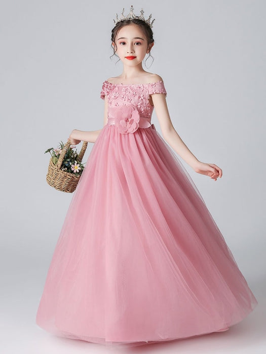 Pink Flower Girl Dresses Bateau Neck Sleeveless Bows Formal Kids Pageant Dresses