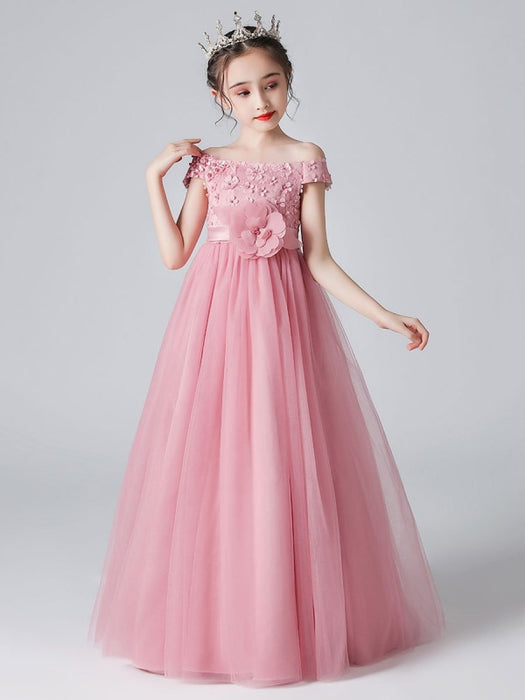 Pink Flower Girl Dresses Bateau Neck Sleeveless Bows Formal Kids Pageant Dresses