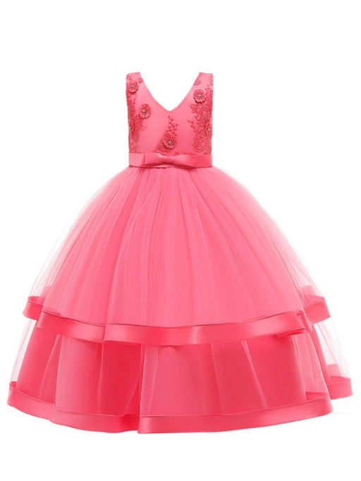 Flower Girl Dresses V Neck Polyester Cotton Sleeveless Ankle Length Princess Silhouette Embroidered Kids Party Dresses