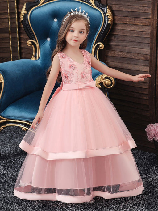 Flower Girl Dresses V Neck Polyester Cotton Sleeveless Ankle Length Princess Silhouette Embroidered Kids Party Dresses