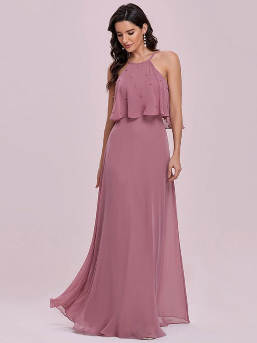 Pink Prom Dress A-Line Halter Sequined Sleeveless Sequined Floor-Length Party Dresses