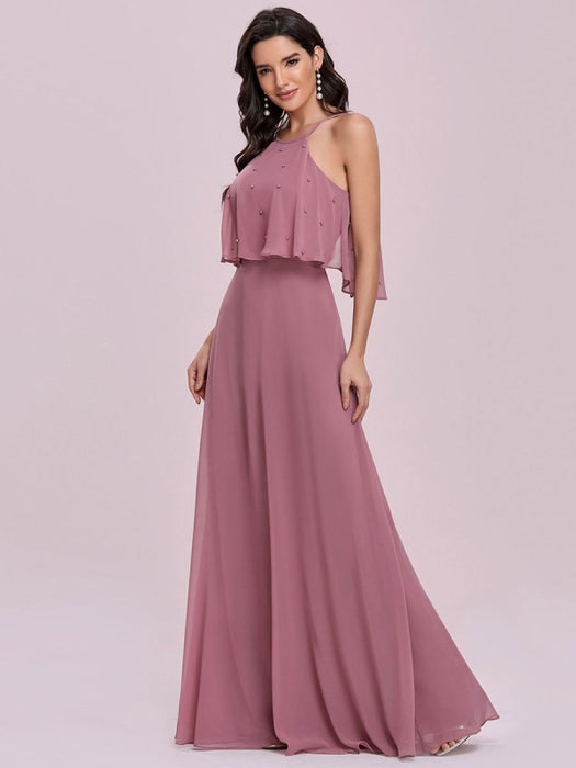 Pink Prom Dress A-Line Halter Sequined Sleeveless Sequined Floor-Length Party Dresses