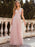 Pink Prom Dress A-Line V-Neck Lace Sleeveless Pearls Floor-Length Evening Dresses