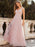 Pink Prom Dress A-Line V-Neck Lace Sleeveless Pearls Floor-Length Evening Dresses