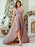 Pink Prom Dress A-Line With Train V-Neck Sleeveless Satin Fabric Maxi Sash Party Dresses