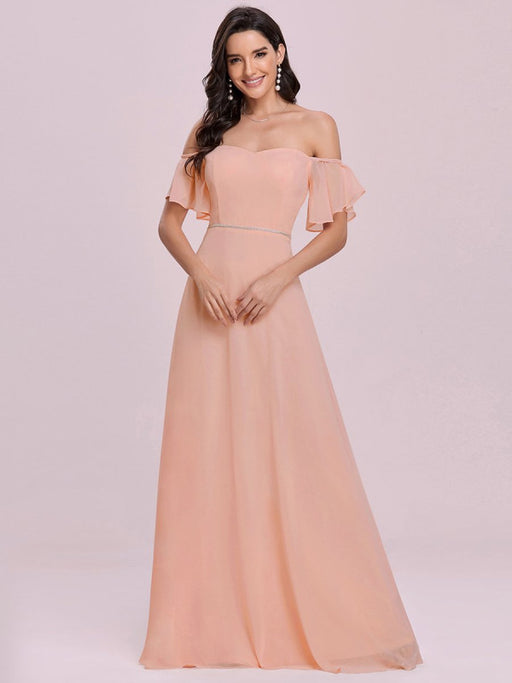 Pink Prom Dress Off-The-Shoulder A-Line Sleeveless Sash Chiffon Pageant Dresses