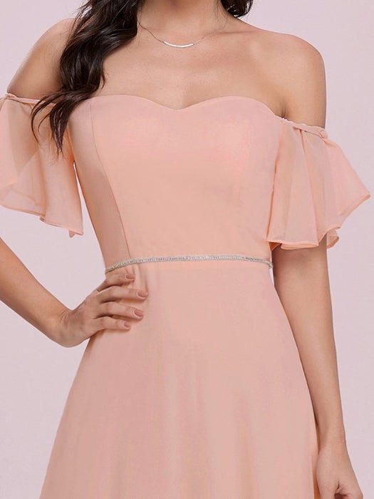 Pink Prom Dress Off-The-Shoulder A-Line Sleeveless Sash Chiffon Pageant Dresses