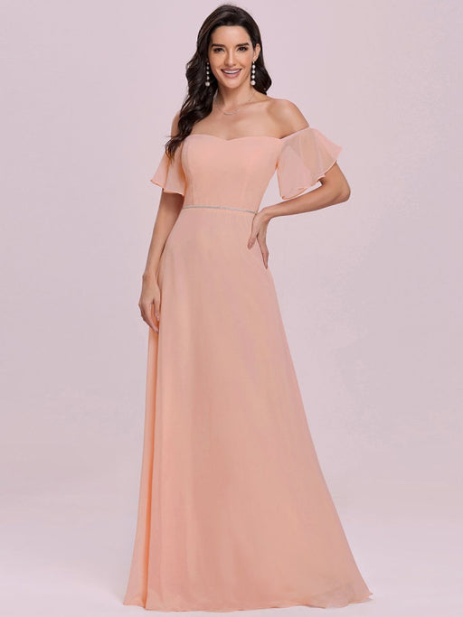Pink Prom Dress Off-The-Shoulder A-Line Sleeveless Sash Chiffon Pageant Dresses