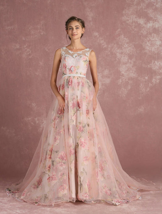 Pink Prom Dresses 2021 Long Floral Print Organza Pageant Dress Backless Chapel Train Party Dress(APP ExclusivePrice  $109.99)