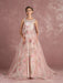 Pink Prom Dresses 2021 Long Floral Print Organza Pageant Dress Backless Chapel Train Party Dress(APP ExclusivePrice  $109.99)