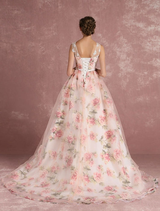 Pink Prom Dresses 2021 Long Floral Print Organza Pageant Dress Backless Chapel Train Party Dress(APP ExclusivePrice  $109.99)