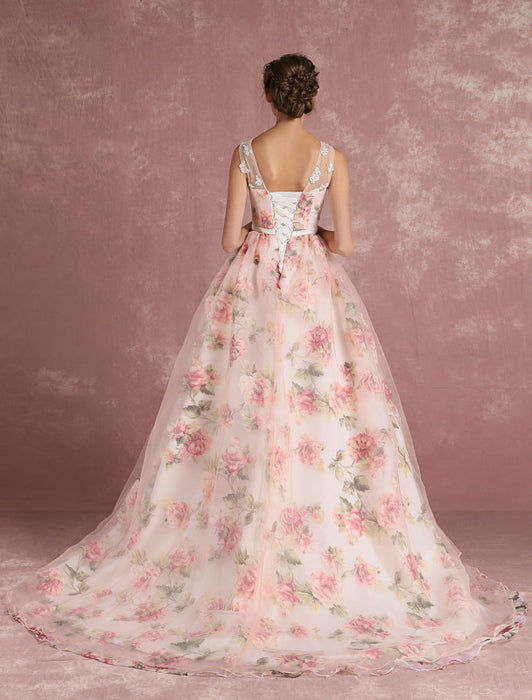 Pink Prom Dresses 2021 Long Floral Print Organza Pageant Dress Backless Chapel Train Party Dress(APP ExclusivePrice  $109.99)