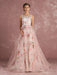 Pink Prom Dresses 2021 Long Floral Print Organza Pageant Dress Backless Chapel Train Party Dress(APP ExclusivePrice  $109.99)