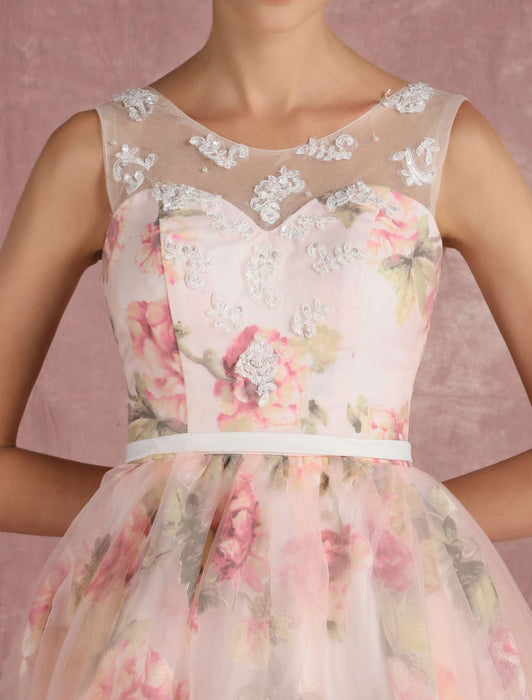 Pink Prom Dresses 2021 Long Floral Print Organza Pageant Dress Backless Chapel Train Party Dress(APP ExclusivePrice  $109.99)