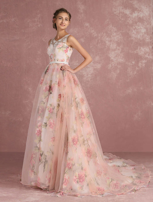 Pink Prom Dresses 2021 Long Floral Print Organza Pageant Dress Backless Chapel Train Party Dress(APP ExclusivePrice  $109.99)