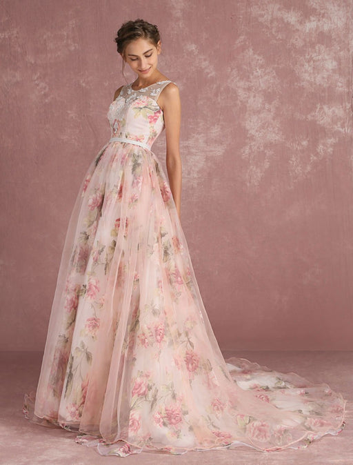 Pink Prom Dresses 2021 Long Floral Print Organza Pageant Dress Backless Chapel Train Party Dress(APP ExclusivePrice  $109.99)