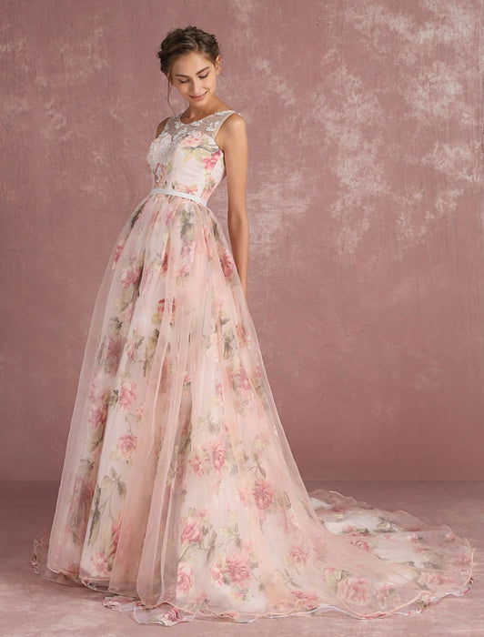 Pink Prom Dresses 2021 Long Floral Print Organza Pageant Dress Backless Chapel Train Party Dress(APP ExclusivePrice  $109.99)