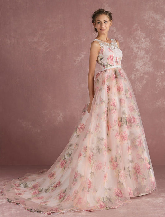 Pink Prom Dresses 2021 Long Floral Print Organza Pageant Dress Backless Chapel Train Party Dress(APP ExclusivePrice  $109.99)