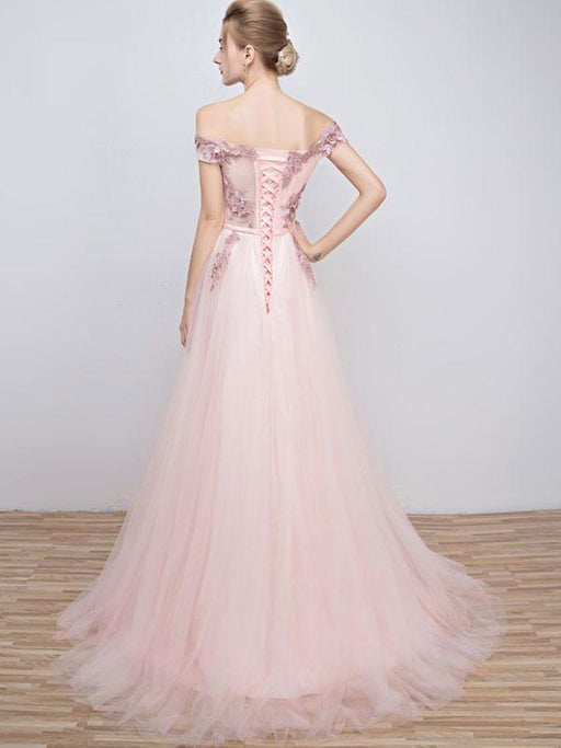 Pink Prom Dresses 2021 Long Tulle Off The Shoulder Prom Dress Lace Applique Beading Flower Occasion Dress With Train