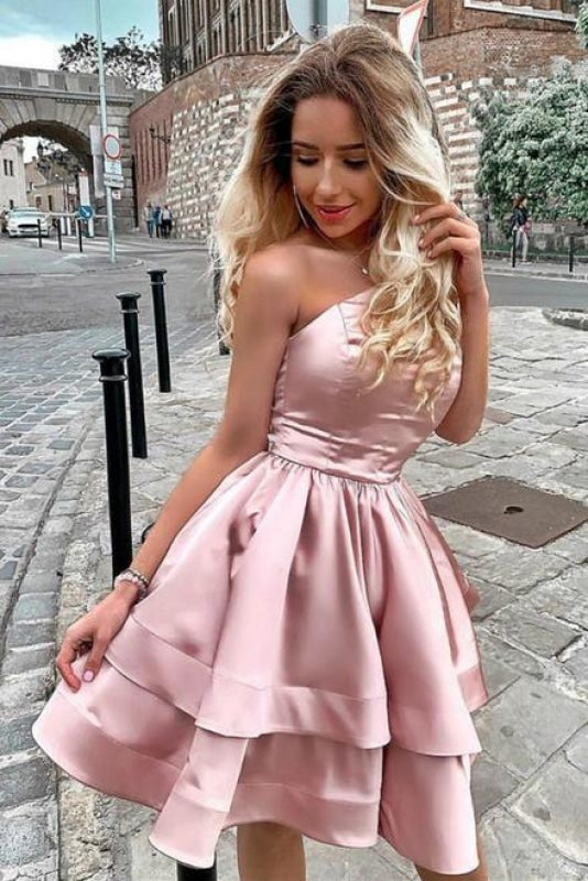 Pink Satin Strapless Two Layers Short Homecoming Dress A Line Simple Prom Gown - Prom Dresses