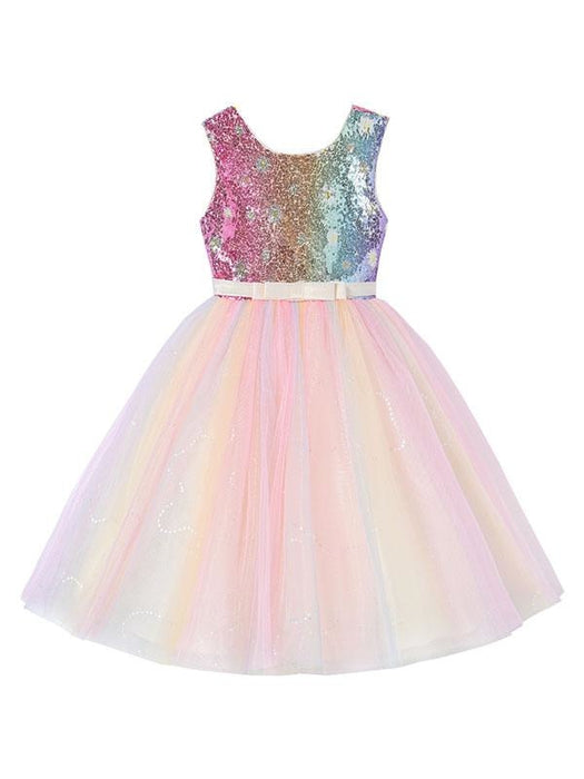 Pink Flower Girl Dresses Jewel Neck Sleeveless Bows Kids Social Party Dresses Sequined Tulle Short Dress