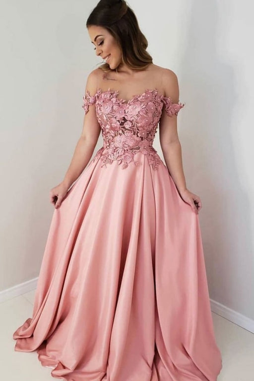 Pink Sheer Neck Long Prom Lace Appliques Charming Party Dress with Beads - Prom Dresses