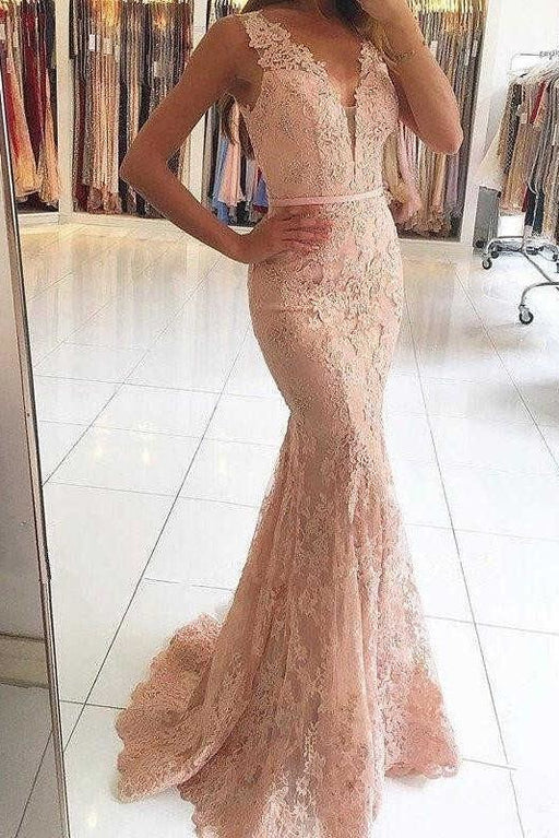Pink Sleeveless Formal Dresses Mermaid Sheer Back Lace Prom Gown - Prom Dresses