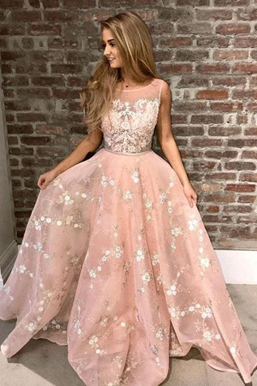 Pink Sleeveless Lace Black Long Prom Dresses 2021