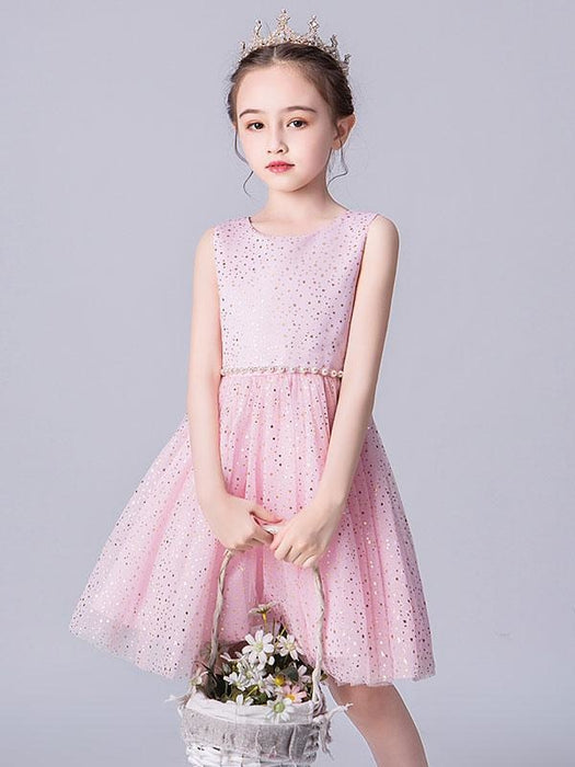 Pink Flower Girl Dresses Jewel Neck Tulle Sleeveless Short Princess Dress Pearls Formal Kids Pageant Dresses